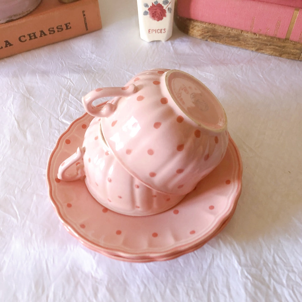 サラン SALINS 花リムカップアンドソーサー　ピンクドット柄　フランスアンティーク食器 フランス蚤の市・ブロカント
