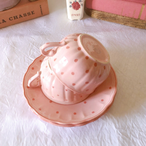 サラン SALINS 花リムカップアンドソーサー　ピンクドット柄　フランスアンティーク食器 フランス蚤の市・ブロカント