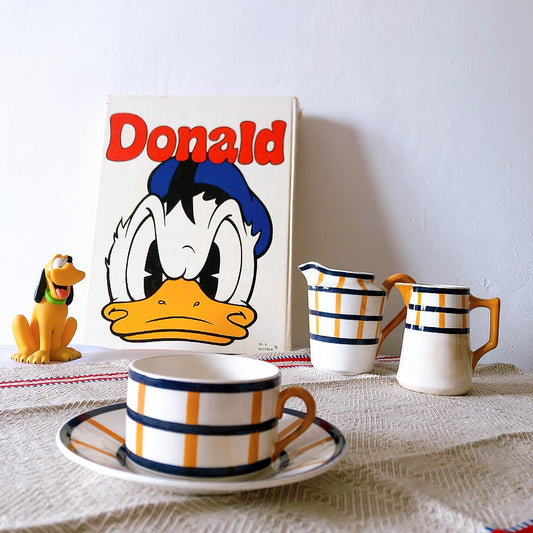 クレイユモントロー HBCM Béarn バスク柄 カップ&ソーサー「イエローxブルー」A フランスアンティーク食器 ブロカントアンティーク 蚤の市