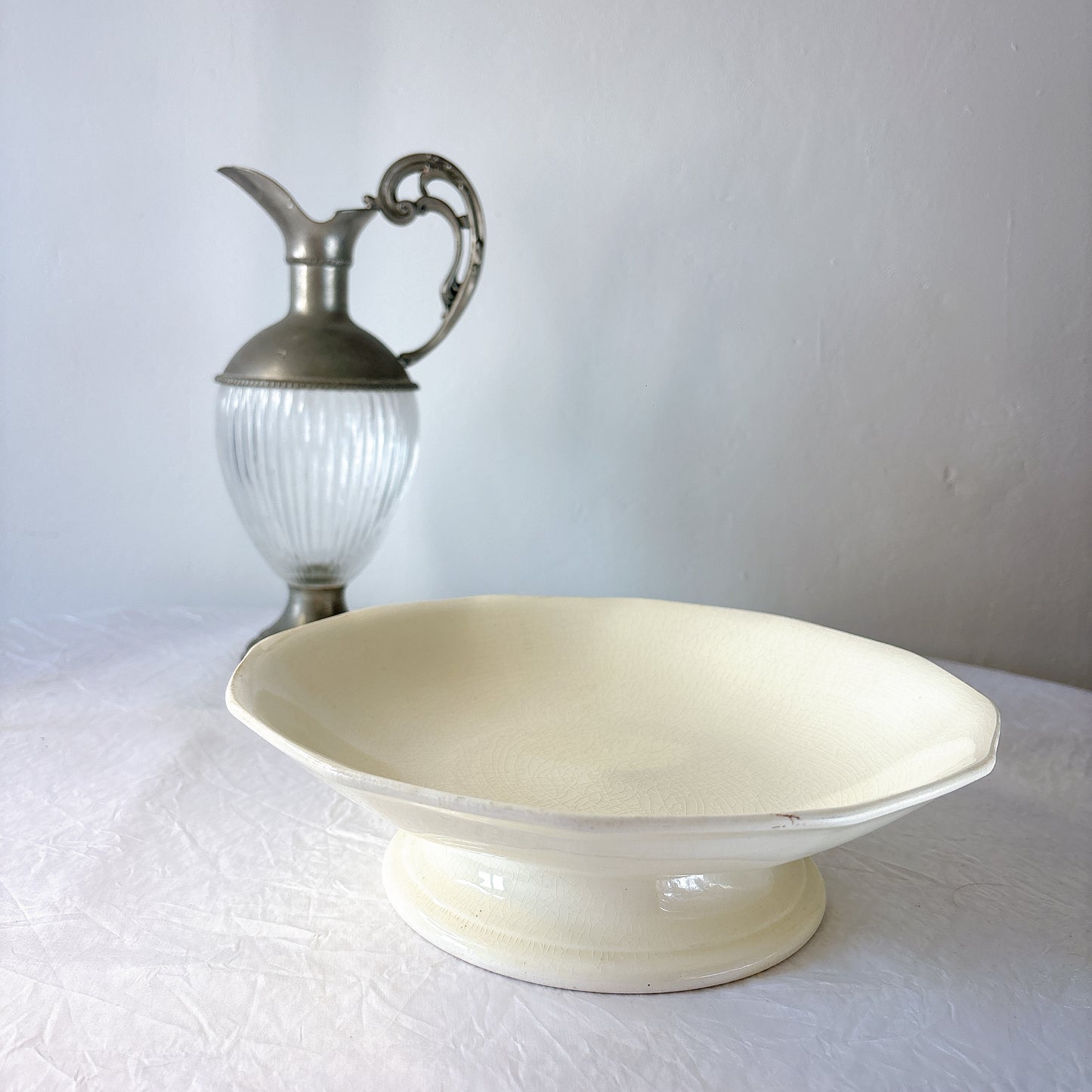 サンタマン １２角形コンポート皿 コンポティエ アイボリー フランスアンティーク食器 ブロカント 蚤の市