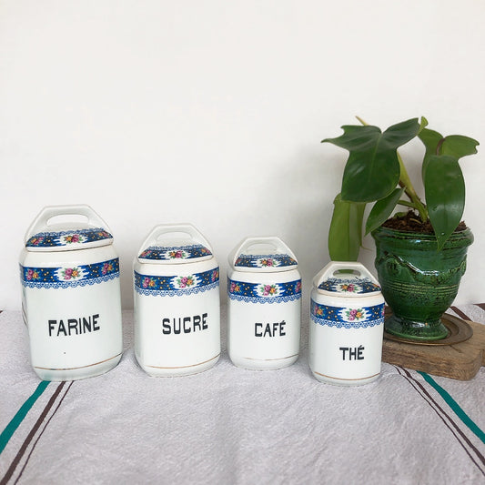 フランスアンティーク 陶器キャニスター ローズ柄ブルー 4点セット フランスアンティーク食器 ブロカント 蚤の市