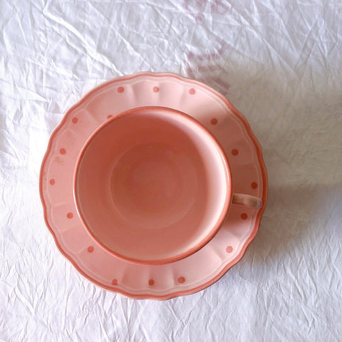 サラン SALINS 花リムカップアンドソーサー　ピンクドット柄　フランスアンティーク食器 フランス蚤の市・ブロカント