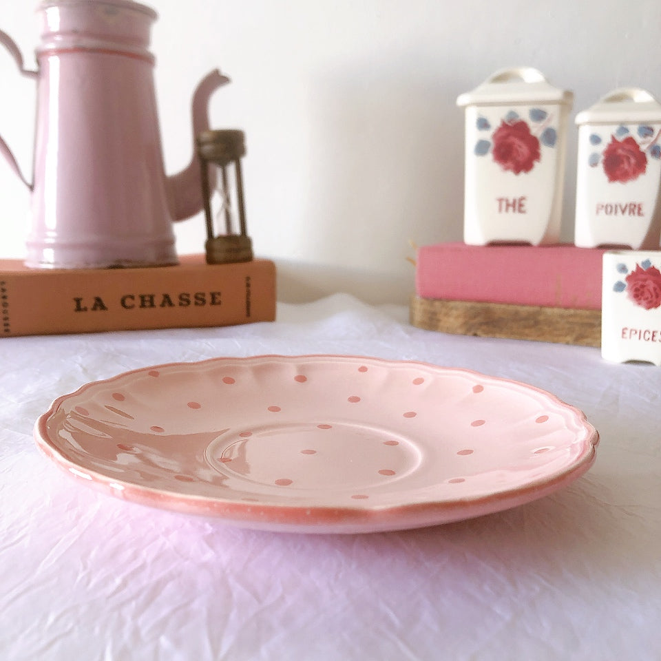 サラン SALINS 花リムカップアンドソーサー　ピンクドット柄　フランスアンティーク食器 フランス蚤の市・ブロカント