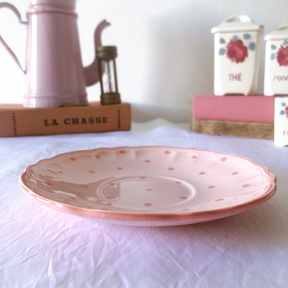 サラン SALINS 花リムカップアンドソーサー　ピンクドット柄　フランスアンティーク食器 フランス蚤の市・ブロカント