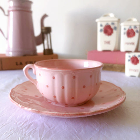 サラン SALINS 花リムカップアンドソーサー　ピンクドット柄　フランスアンティーク食器 フランス蚤の市・ブロカント