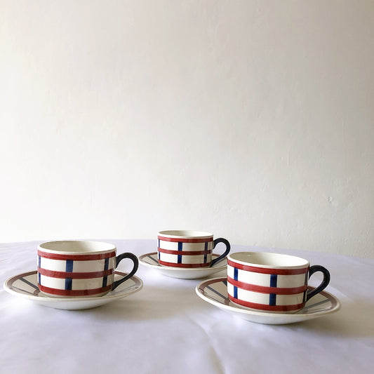 クレイユモントロー HBCM Béarn バスク柄カップ&ソーサー「レッドーxブルー」 フランスアンティーク食器 ブロカント バスク柄アンティーク
