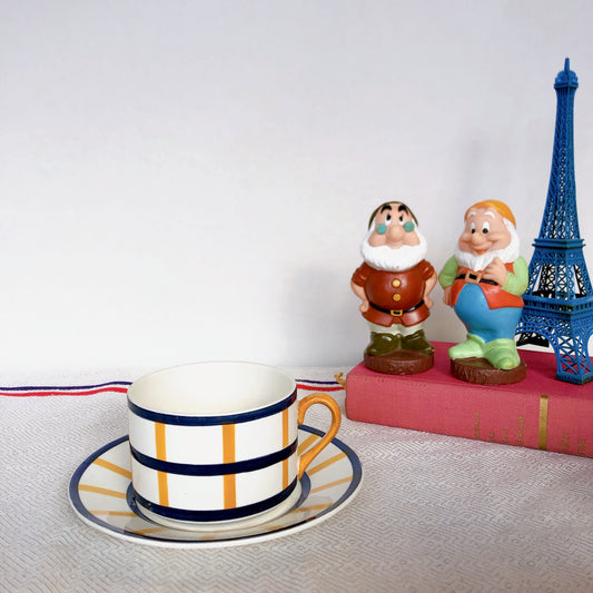 クレイユモントロー HBCM Béarn バスク柄カップ&ソーサー「イエローxブルー」 A フランスアンティーク食器 ブロカント バスク柄アンティーク