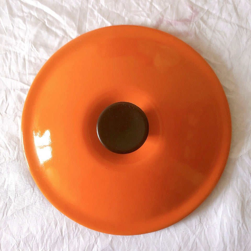 フランス　ルクルーゼ ヴィンテージ フォンデュ鍋 片手鍋蓋つき オレンジ　フランスアンティーク　ブロカント　蚤の市