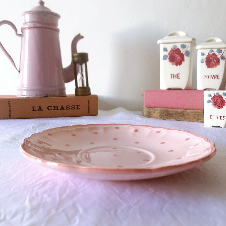 サラン SALINS 花リムカップアンドソーサー　ピンクドット柄　フランスアンティーク食器 フランス蚤の市・ブロカント