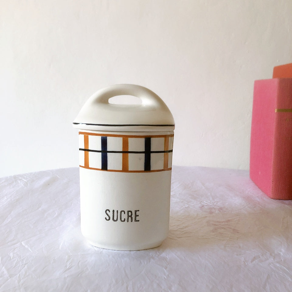 フランスアンティーク サンタマン バスク柄陶器キャニスター 「イエロー・ブルー」 フランスアンティーク食器　ブロカント　蚤の市