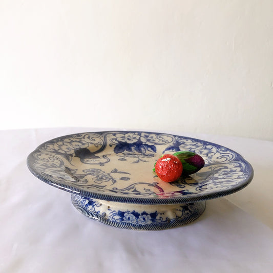 フランスアンティーククレイユモントロー 『フローラ』ケーキスタンド コンポティエ コンポ―ト皿 ブルー アンティーク食器 ブロカントアンティーク 蚤の市