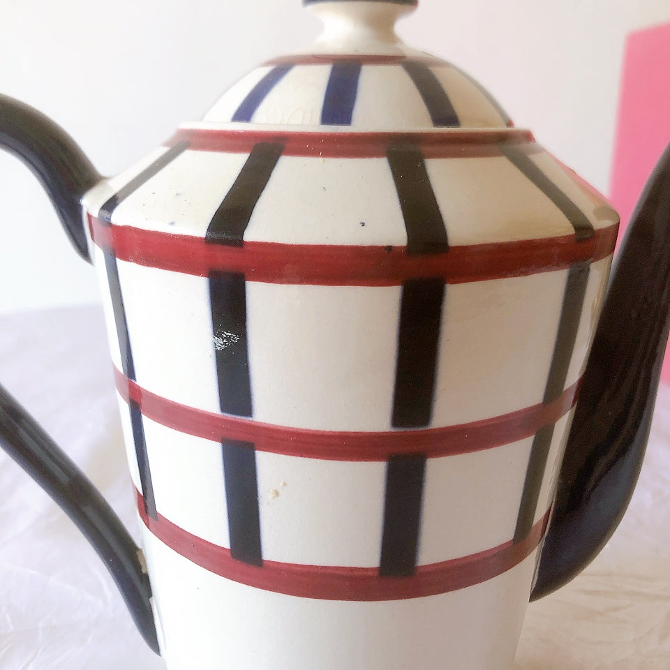 クレイユモントロー HBCM Béarn バスク柄 コーヒー／ティポット「レッド・ブルー」フランスアンティーク食器 ブロカント 蚤の市　アンティーク食器 バスク柄アンティーク