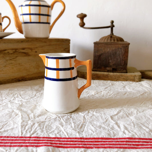 クレイユモントロー HBCM Béarn バスク柄ピシェ ピッチャー ミルクポット 100ML「オレンジ&ブルー」 フランスアンティーク食器 バスク柄プレート ブロカント 蚤の市