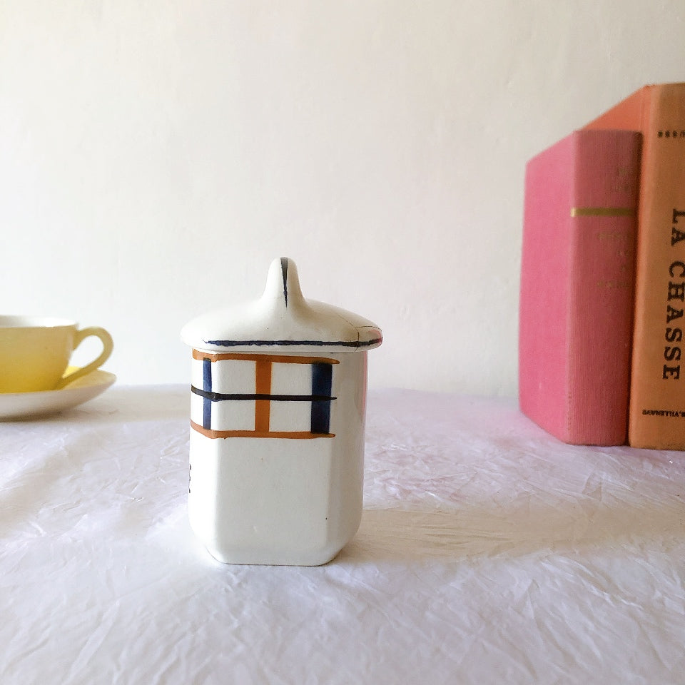 フランスアンティーク サンタマン バスク柄陶器キャニスター 「イエロー・ブルー」 フランスアンティーク食器　ブロカント　蚤の市