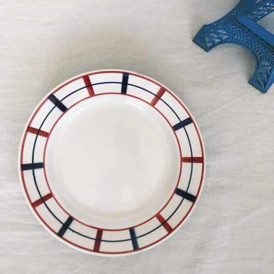 サンタマン 『Lou Basquez』デザートプレート バスク柄 『レッドxブルー』E フランスアンティーク食器 フランス 蚤の市