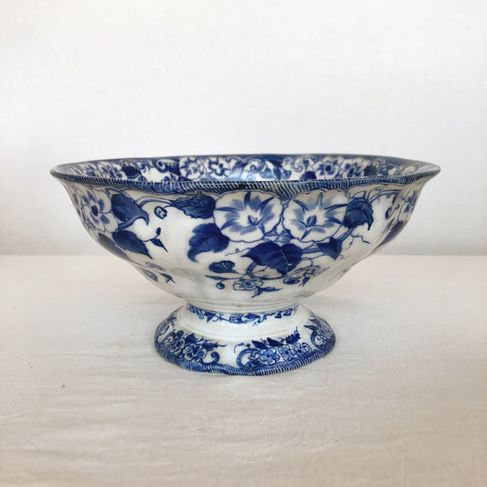 フランスアンティーククレイユモントロー サラディエ コンポティエ コンポ―ト皿『フローラ』ブルー アンティーク食器 フランスブロカント・蚤の市