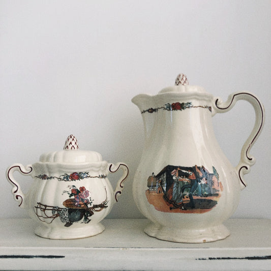 サルグミンヌ Sarreguemines ”オベルネ” 花リム コーヒー/ティーポット&シュガーポット フランスアンティーク ブロカント 蚤の市