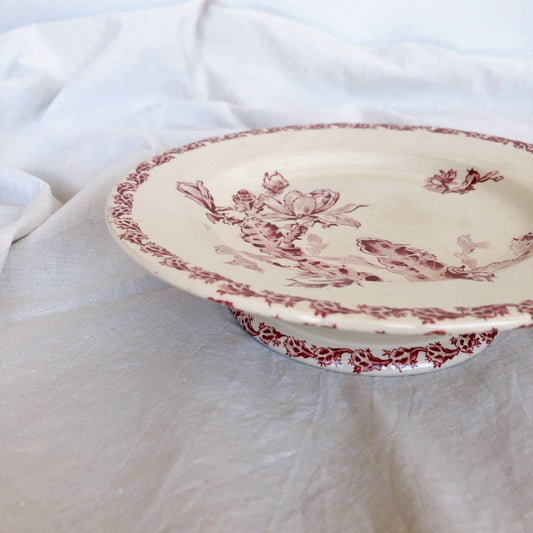 フランスアンティークプレート GIEN ジアン あざみ柄 コンポティエ コンポ―ト皿 ケーキスタンド 赤 アンティーク食器・皿 ブロカント 蚤の市