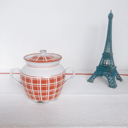 フランスBB社 アンティーク ホーロー シュガーポット 赤チェック フランスビンテージ雑貨 ブロカント 蚤の市