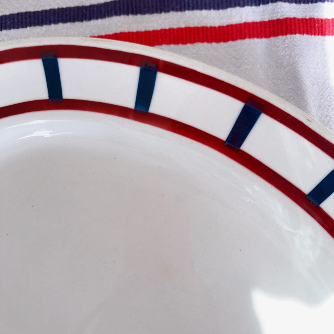 バドンヴィレー オーバルプレート/楕円形プレート バスク柄 『レッド・ブルー』 フランスアンティーク食器 フランス蚤の市　ブロカント