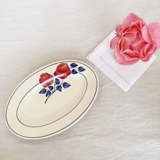 クレイユエモントロー HBCM ラヴィエ オーバル皿 バラ柄 レッド A フランスアンティーク食器 ブロカント 蚤の市