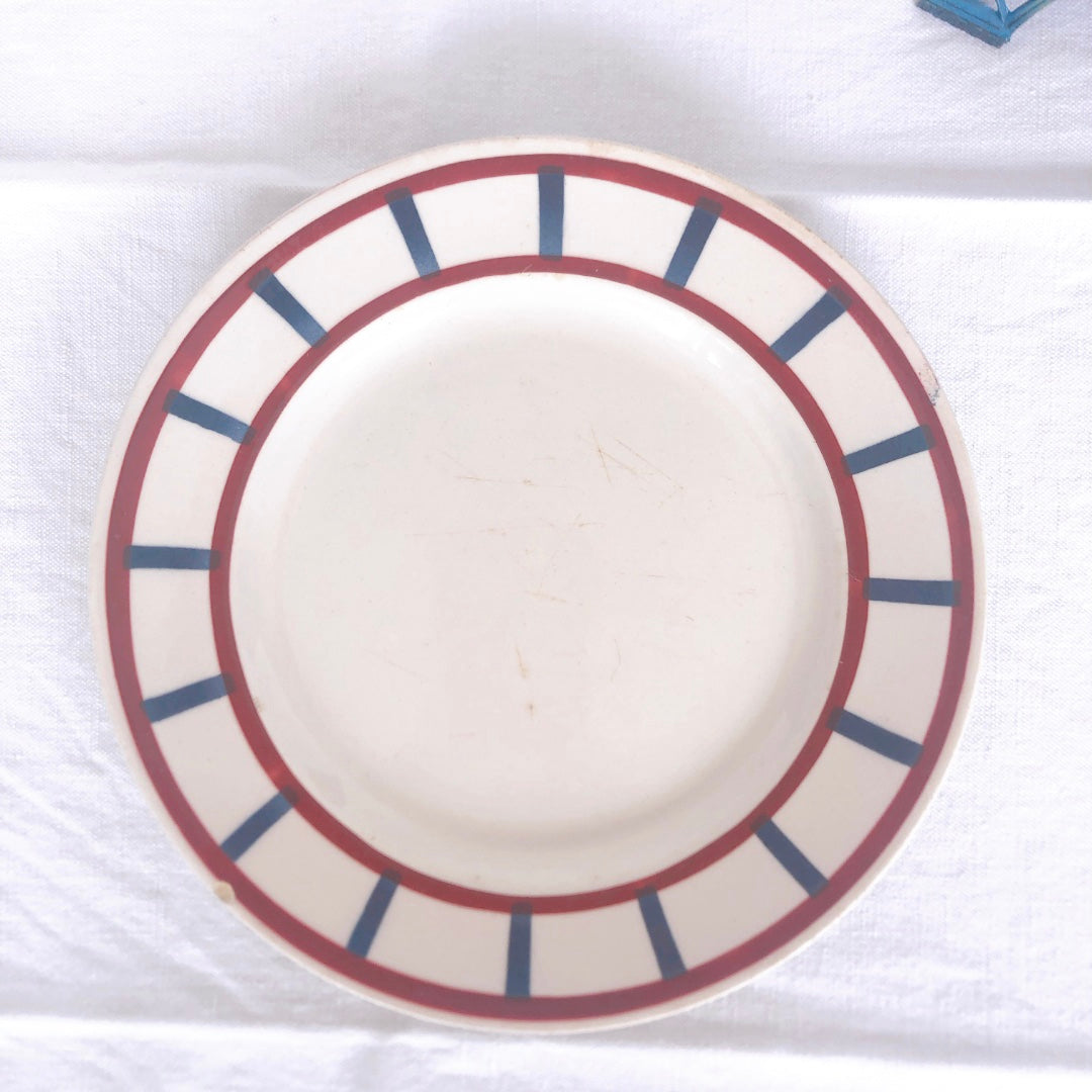 バドンヴィレー デザートプレート/平皿 バスク柄『レッド・ブルー』C フランスアンティーク食器 フランス蚤の市 ブロカント