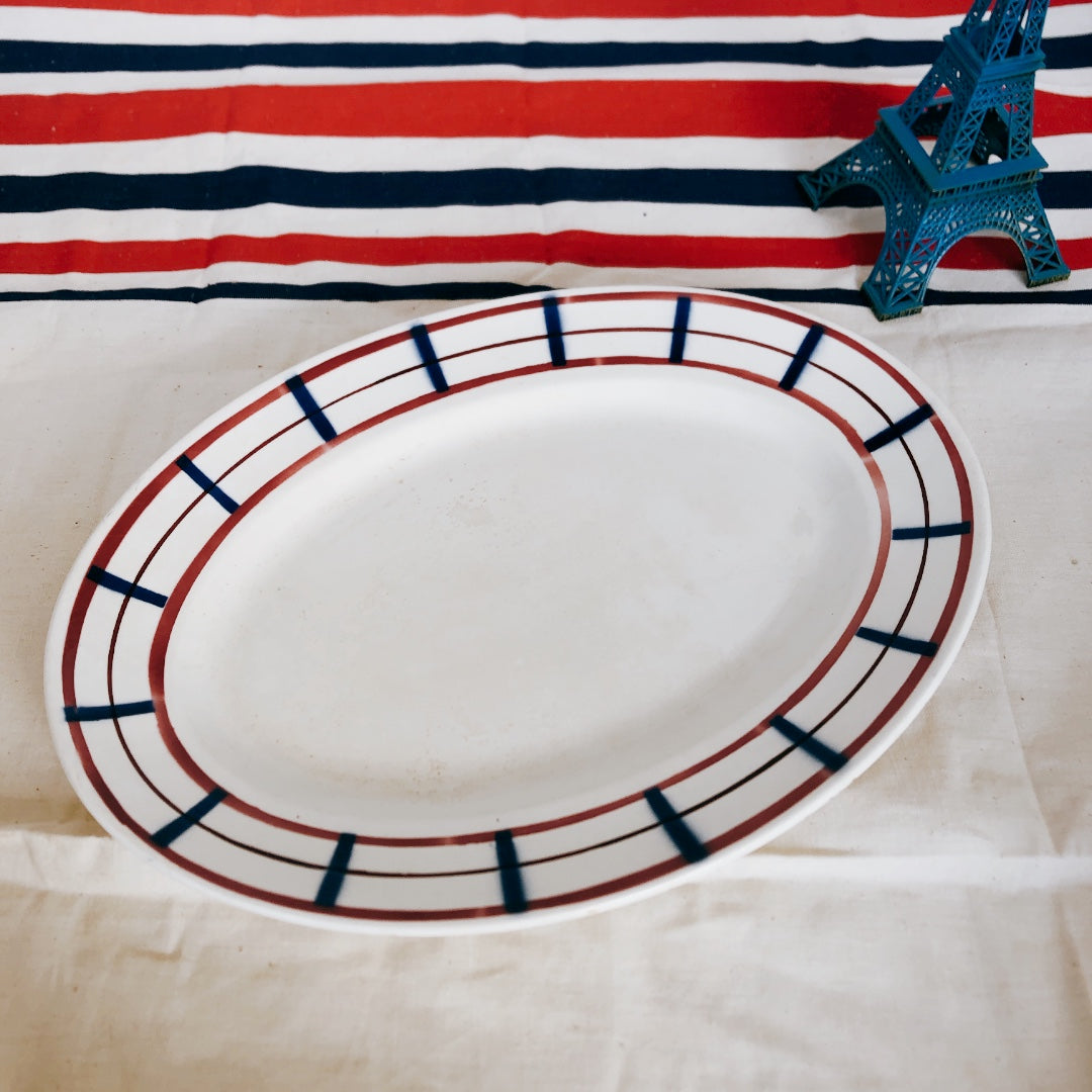 ディゴワンサルグミンヌ 『FANDANGO』シリーズ バスク柄 オーバル皿 楕円形大皿「レッド＆ダークブルー」フランスアンティーク食器 皿 ブロカント
