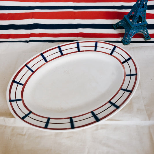 ディゴワンサルグミンヌ 『FANDANGO』シリーズ バスク柄 オーバル皿 楕円形大皿「レッド&ダークブルー」フランスアンティーク食器 皿 ブロカント
