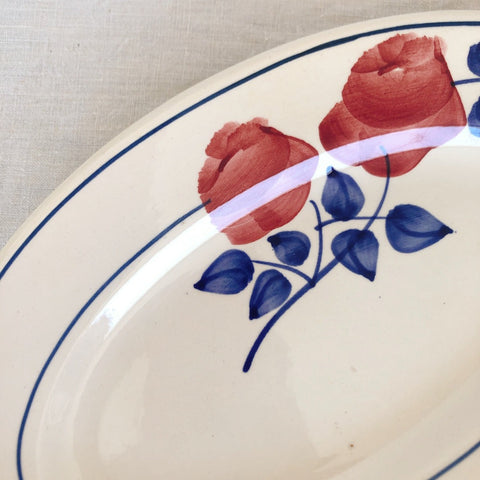 クレイユエモントロー HBCM ラヴィエ オーバル皿 バラ柄 レッド A フランスアンティーク食器 ブロカント 蚤の市