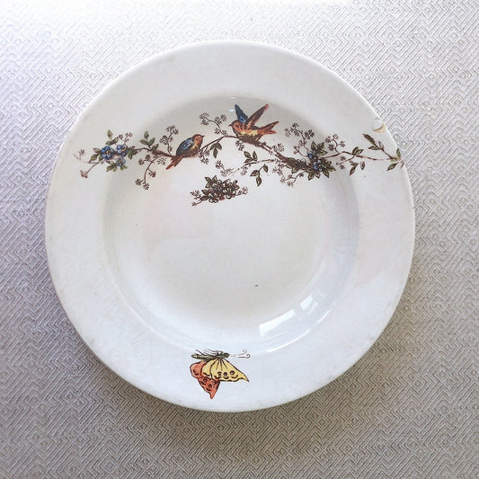 ディゴワンサルグミンヌ Digoin&sarreguemines 鳥&超モチーフプレート・深皿 オレンジ フランスアンティーク食器 フランス蚤の市・ブロカント