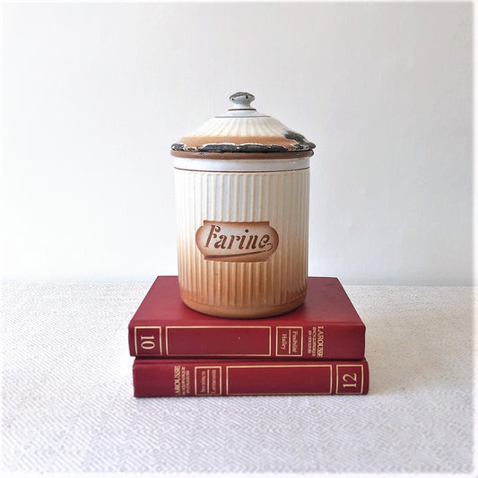 フランスアンティーク ホーロー製キャニスター ホワイト&マロン ブロカント雑貨 蚤の市