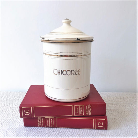 フランスアンティーク ホーロー製キャニスター ゴールド&パールホワイト 『chicoree』ブカント雑貨 蚤の市