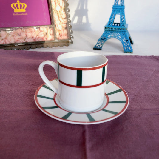 フランスアンティーク バスク柄 カップ&ソーサー「レッドxグリーン」D アンティーク食器・皿・プレート ブロカント