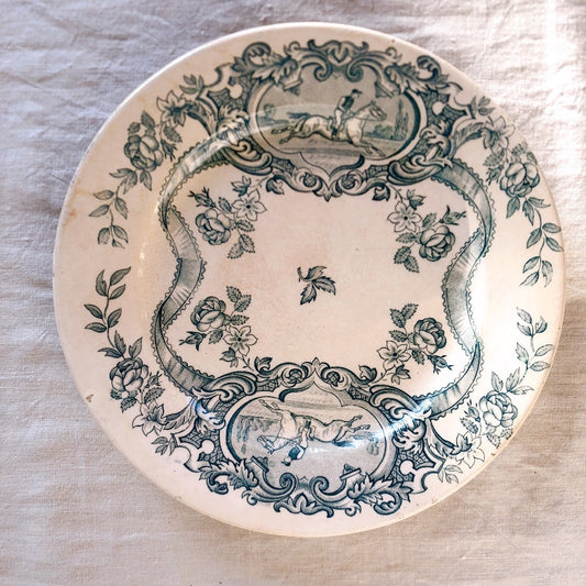 フランスアンティーク 平皿 騎手と花 フランスアンティーク食器 ブロカント 蚤の市