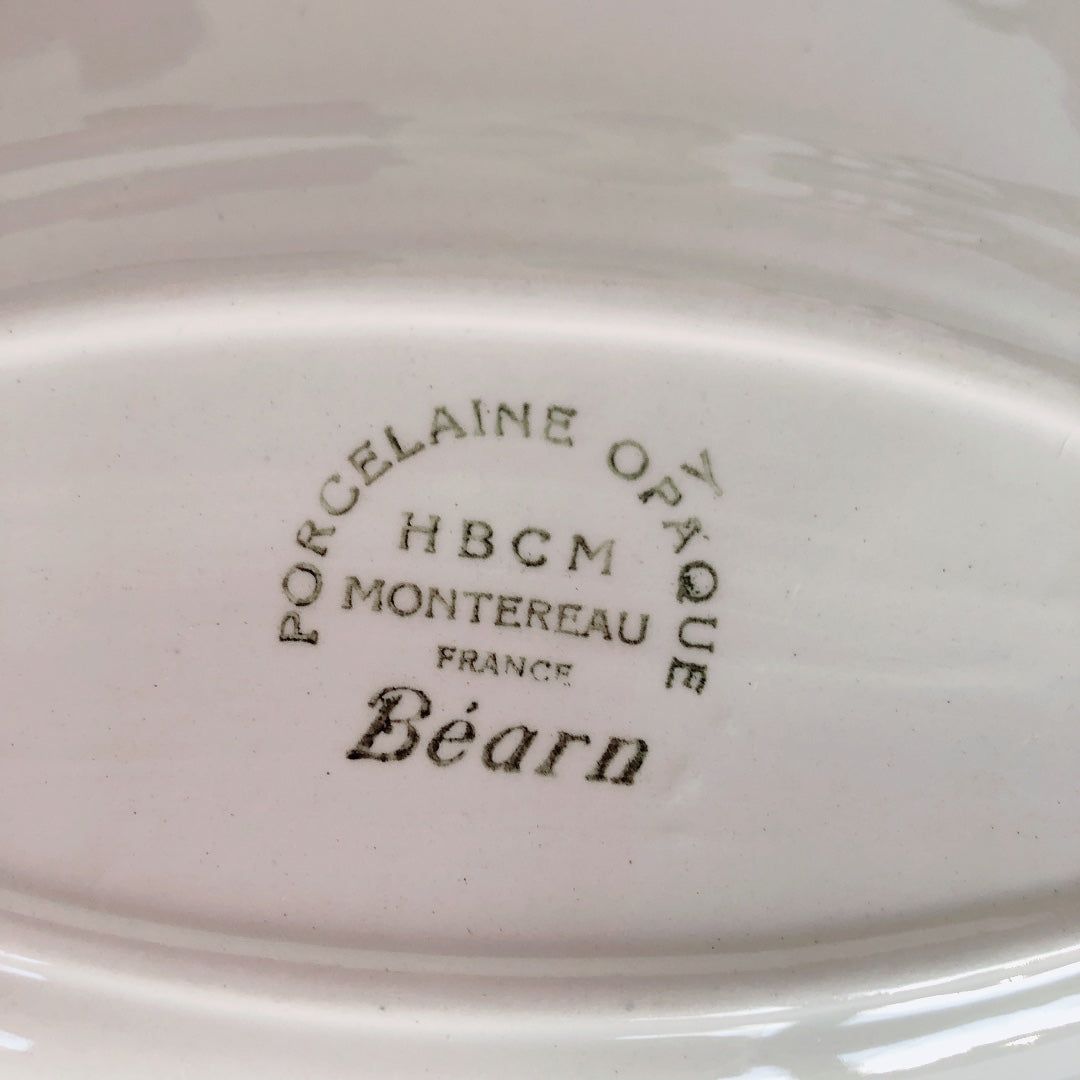クレイユエモントロー HBCM Béarn ラヴィエ オーバル皿 バスク柄 A「ボルドーｘダークブルー」フランスアンティーク食器 ブロカント 蚤の市