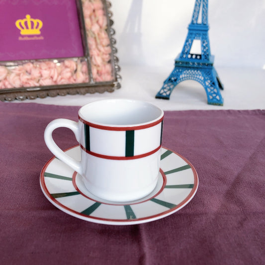 フランスアンティーク バスク柄 カップ&ソーサー「レッドxグリーン」B アンティーク食器・皿・プレート ブロカント