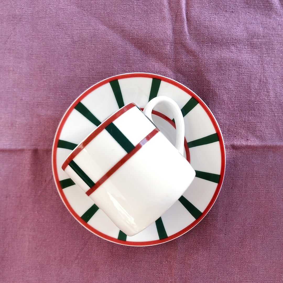 フランスアンティーク バスク柄 カップ＆ソーサー「レッドｘグリーン」E アンティーク食器・皿・プレート ブロカント