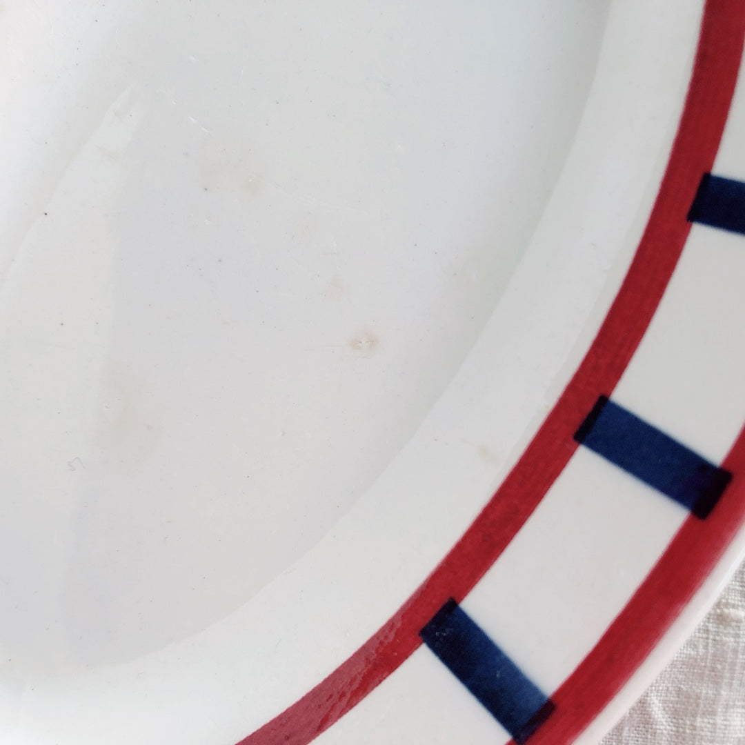 クレイユエモントロー HBCM Béarn ラヴィエ オーバル皿 バスク柄 B「ボルドーｘダークブルー」フランスアンティーク食器 ブロカント 蚤の市