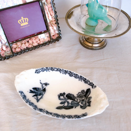 フランスアンティーク ラヴィエ・オーバル皿 鳥柄 ブルー フランスアンティーク食器 ブロカント 蚤の市