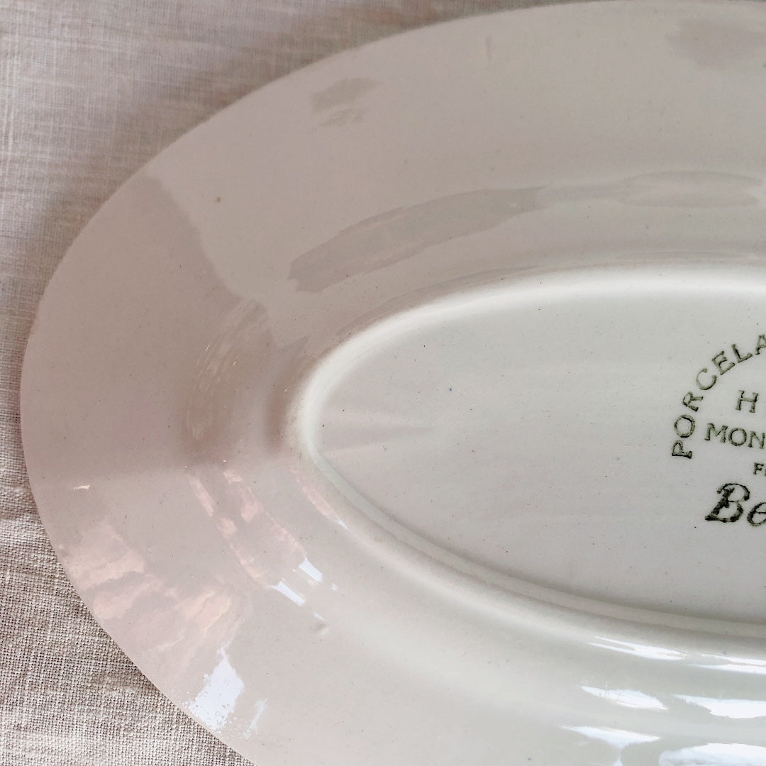 クレイユエモントロー HBCM Béarn  ラヴィエ オーバル皿 バスク柄 A「ボルドーｘダークブルー」フランスアンティーク食器 ブロカント 蚤の市