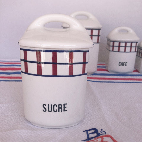 フランスアンティーク サンタマン バスク柄 陶器キャニスター 「ルージュ・ブルー」B　フランスアンティーク食器　ブロカント　蚤の市