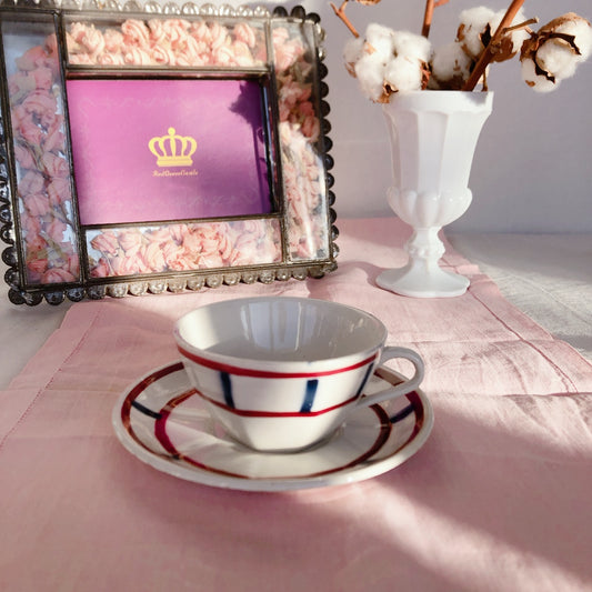 バドンヴィレー バスク柄 カップ&ソーサー「ボルドー・ダークブルー」E フランスアンティーク・食器・皿・プレート ブロカント