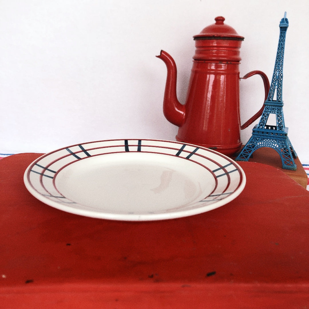 ご予約バスク柄食器セット ジアン Gien 『BAYONNE』ディナープレート バスク柄 レッド✕ブルー A フランスアンティーク・食器・皿・プレート ブロカント