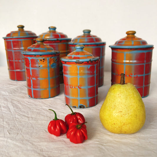 フランスアンティーク・ヴィンテージ ホーロー製キャニスター6個セット ブロカント 蚤の市